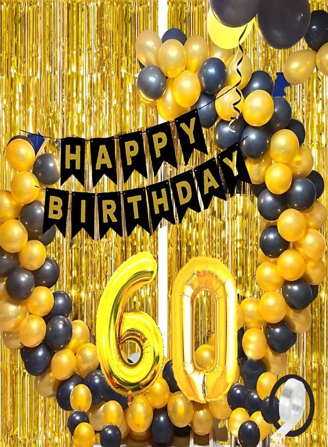 Flyloons 60th Black Gold Happy Birthday Decoration for Girls Kids Boys with Black Happy Birthday Banner,Black,Gold Balloons, Golden Foil Curtain,Arch Tape Birthday Celebration Items, 54 Pieces - Image 1